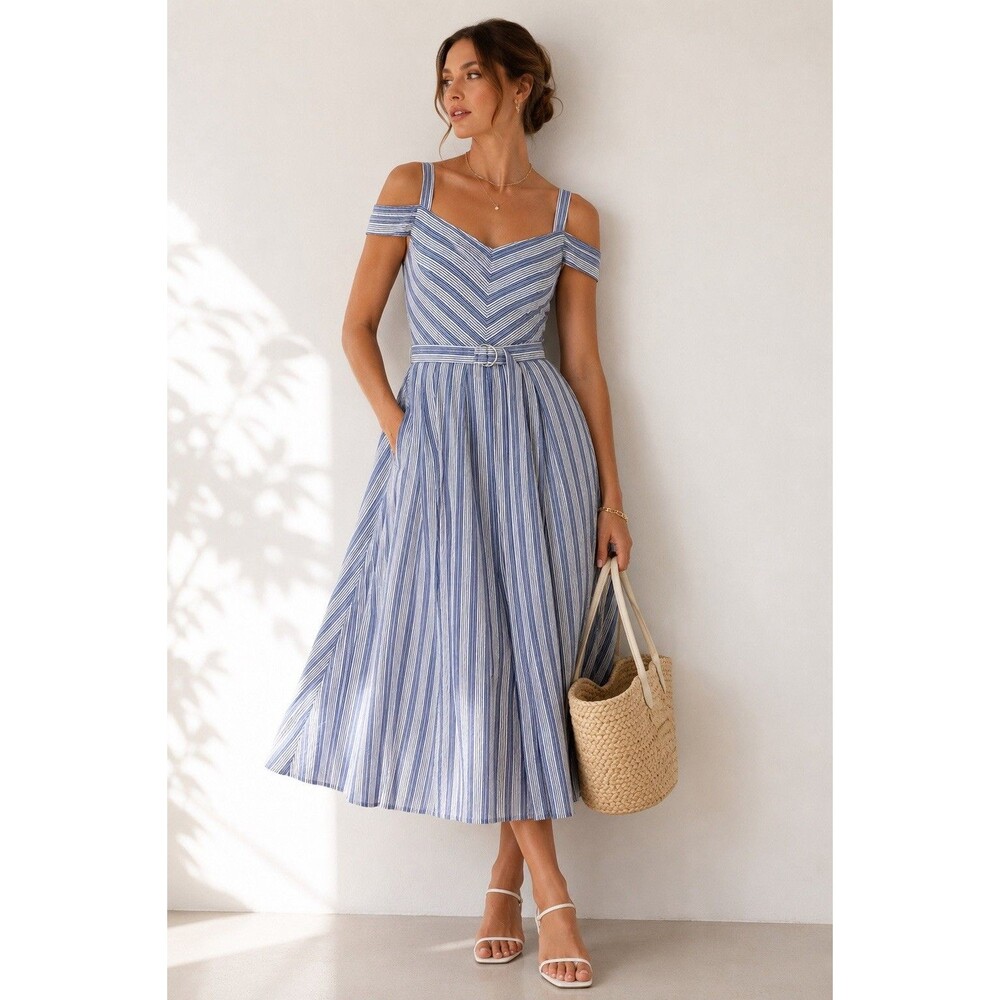 White House Black Market Blue Stripe Belted Cold Shoulder Fit & Flare Dress 10